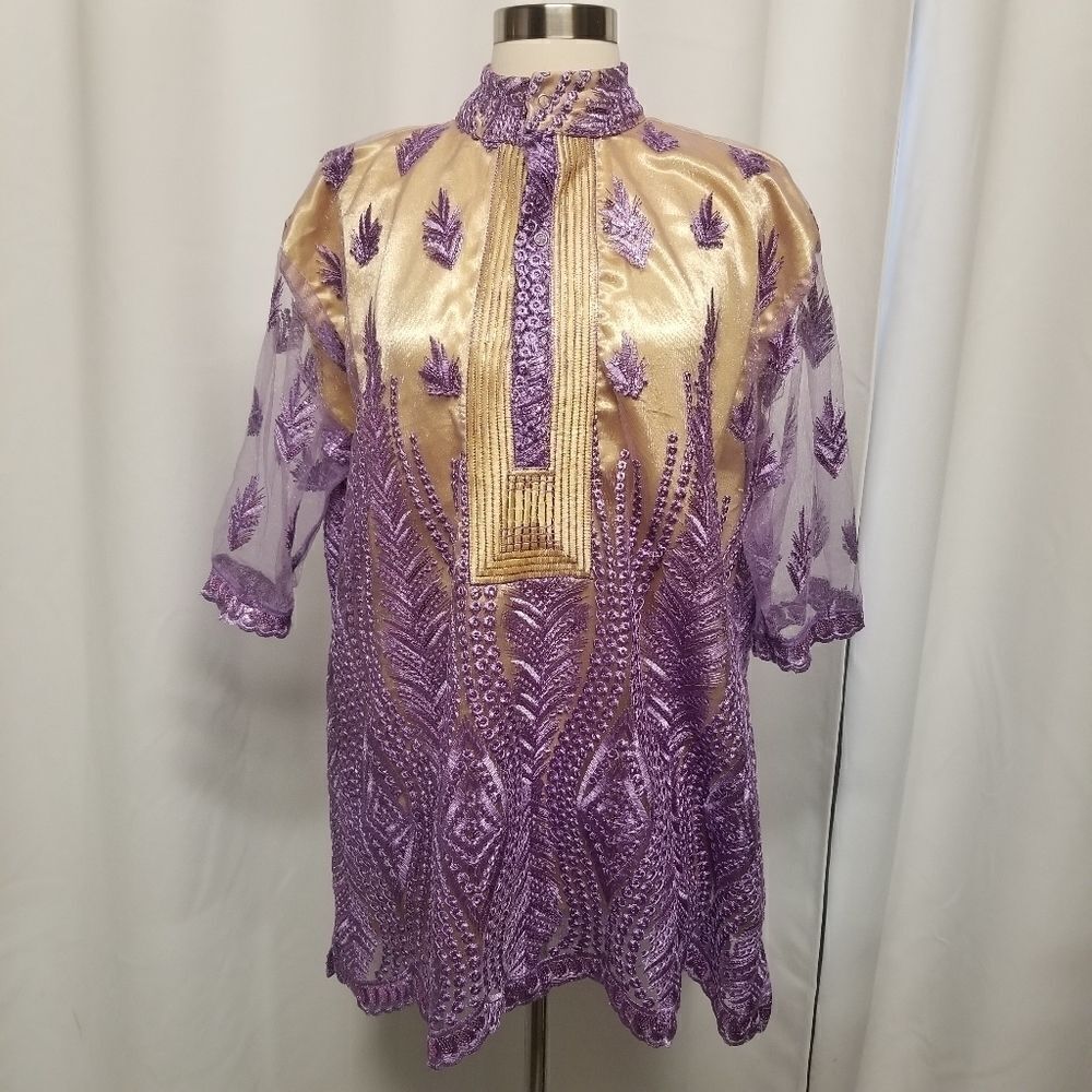 Vintage Handmade African Dishaki Shirt  Embroidered Lavender Floral‎ Authentic M
